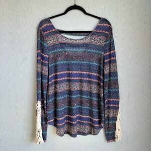 Signature Studio Sheer Knit Top Women's XL Crochet Lace Scoop Back Boho Festival